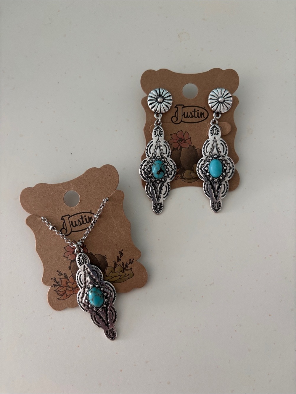 Justin Boots Silver-Tone Turquoise Pendant Necklace and Earrings Set